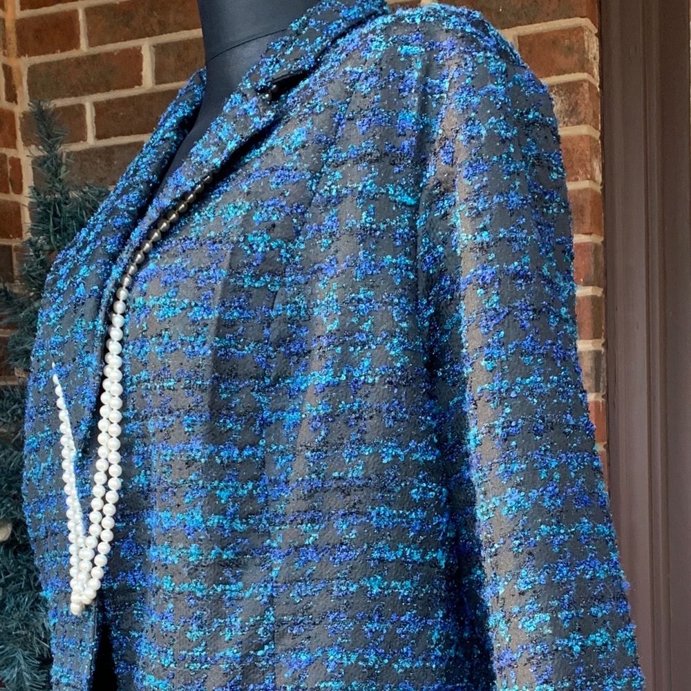 French Fantasy Blue and Black Tweed Jacket.  Chico’s size 4.